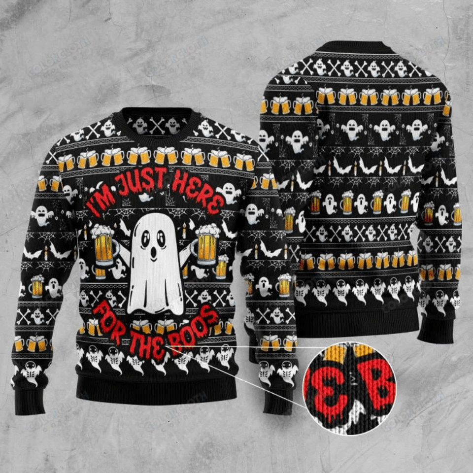 Halloween Boo Beer Ugly Christmas Sweater I'm Just Here For The Boos Ghost Beer