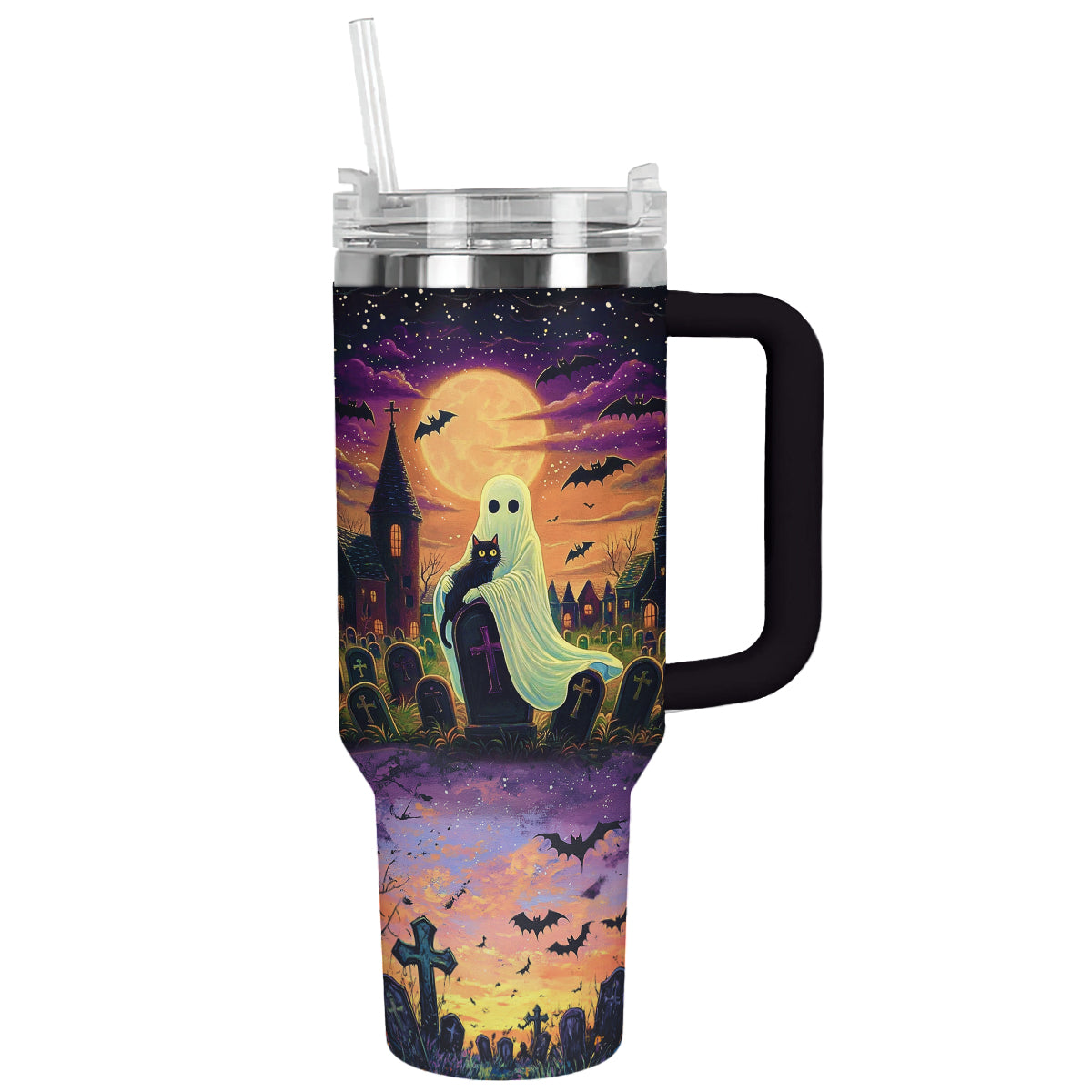 Halloween Cat In Ghost Hands Custom Stanley Cup 40 oz 30 oz Tumbler With HandleTVC2301673