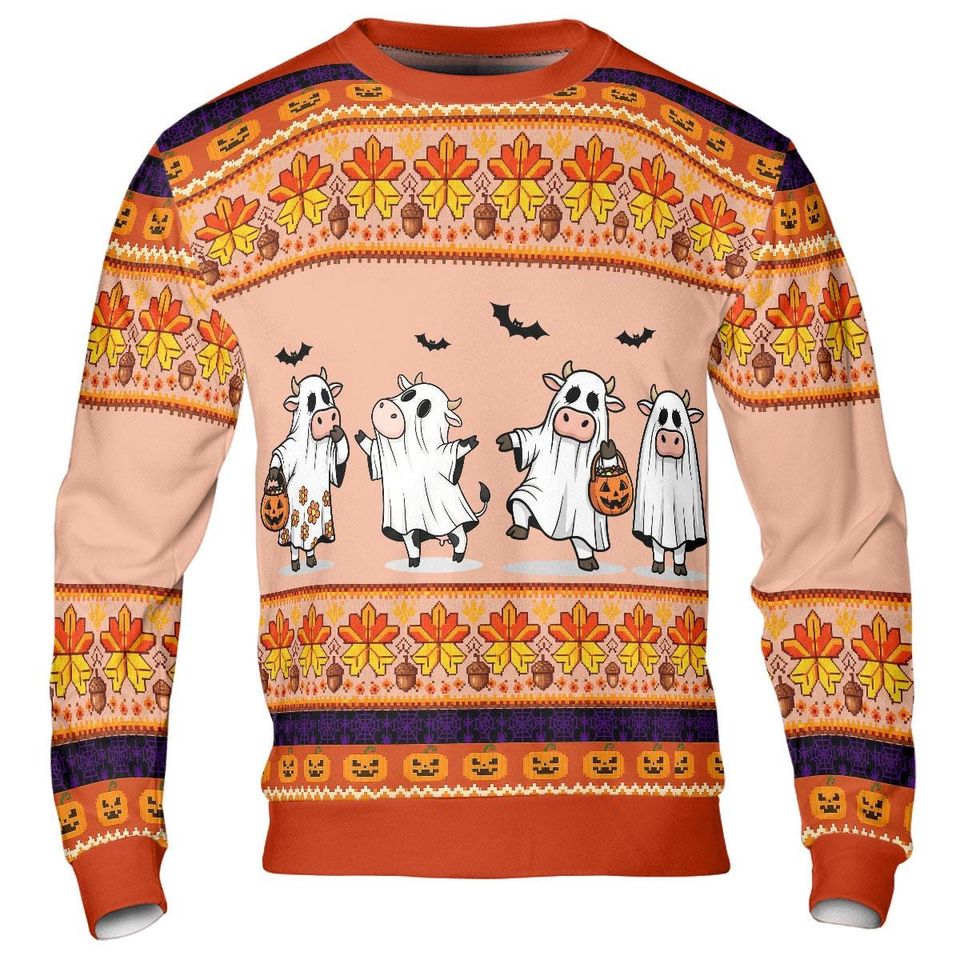 Halloween Cow Ugly Sweater,Ghost Cow Sweatshirt,Funny Fall Pumpkin Sweater,Cute Spooky Cow Pullover,Trick or Treat Shirt - Image 6