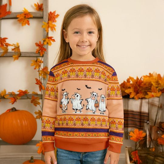 Halloween Cow Ugly Sweater,Ghost Cow Sweatshirt,Funny Fall Pumpkin Sweater,Cute Spooky Cow Pullover,Trick or Treat Shirt - Image 11