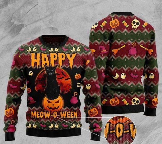 Halloween Happy Cat Ugly Christmas Sweater - Image 2