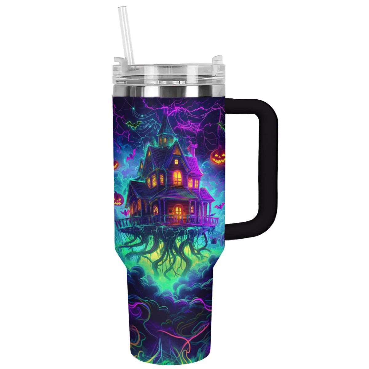 Halloween Neon Haunted House Custom Stanley Cup 40 oz 30 oz Tumbler With HandleTVC2301680