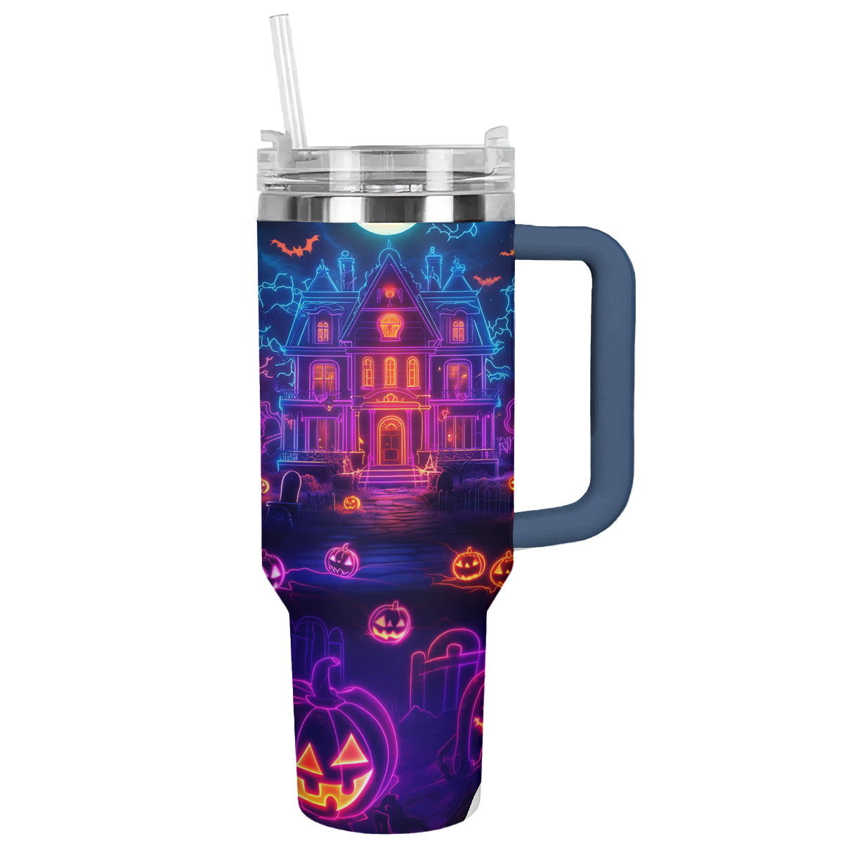 Halloween Neon Haunted House Custom Stanley Cup 40 oz 30 oz Tumbler With HandleTVC2301682