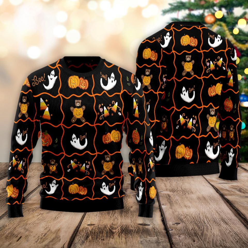 Halloween Pattern Ugly Sweater, Boo Ghost Pumpkin Shirt, Cute Holiday Sweatshirt