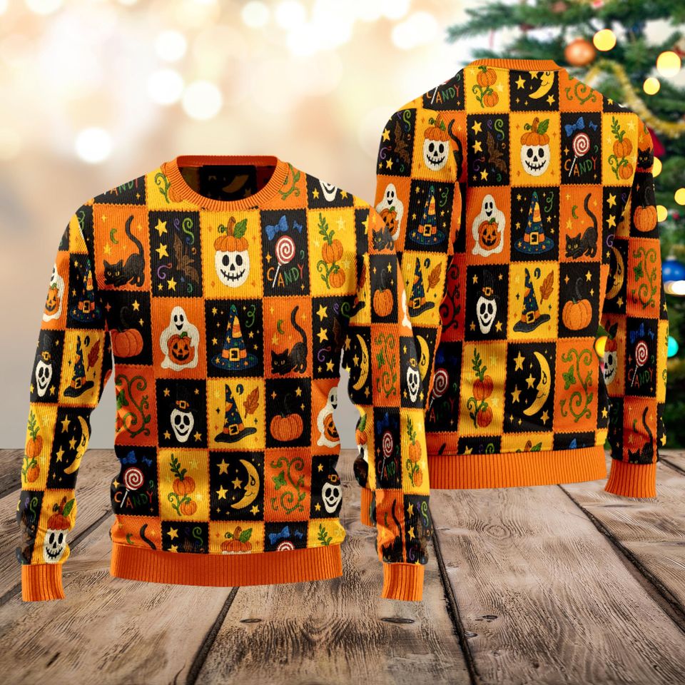 Halloween Pattern Ugly Sweater, Cute Ghost Shirt, Vintage Halloween Patchwork