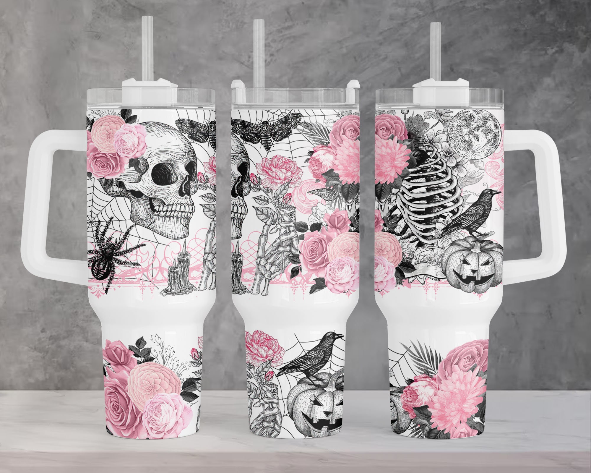 Halloween Pink Gothic Skull and Flowers Custom Stanley Cup 40 oz 30 oz Tumbler With HandleTVC2301958