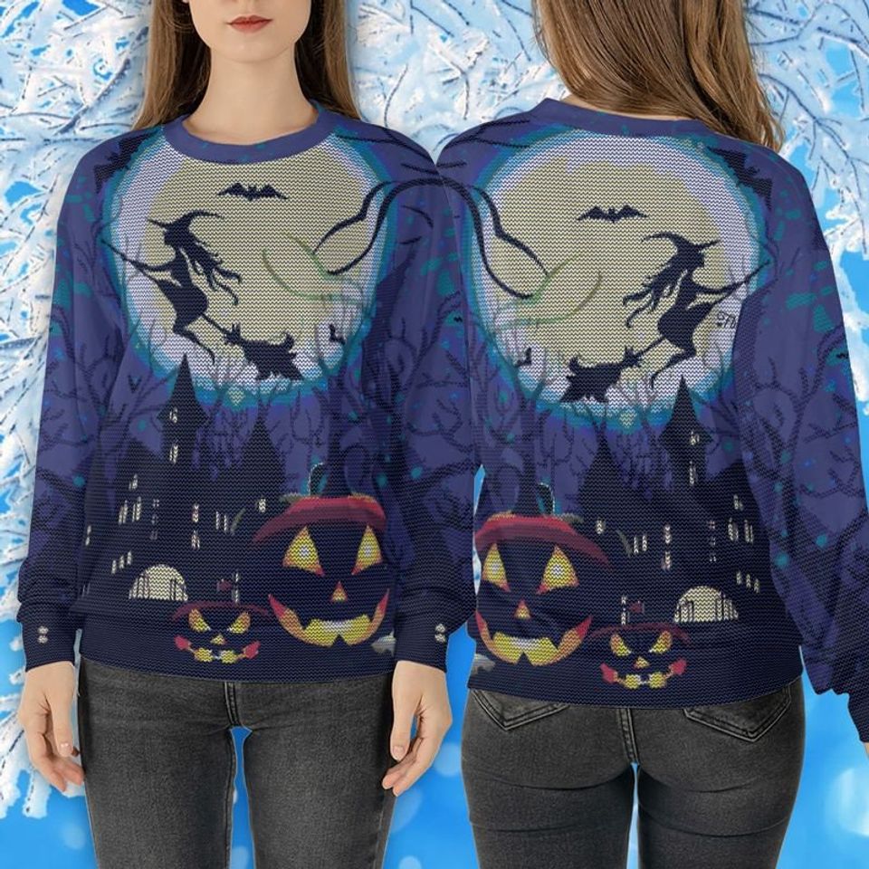 Halloween Witch Moon Sweatshirt All Over, Haunted House Pumpkin