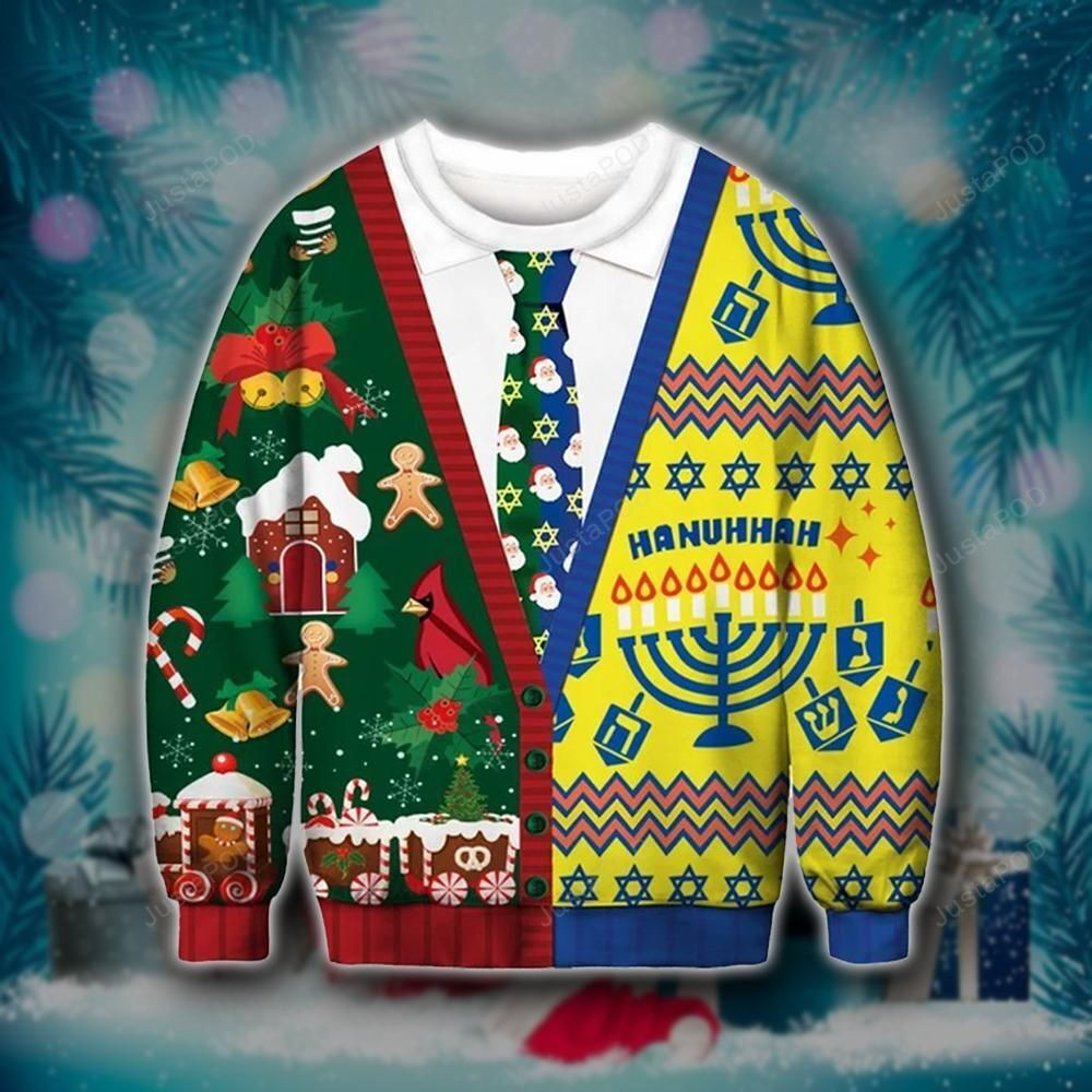 Hanuhhah Cutsom Ugly Christmas Sweater Adult 3D Funny Matching for family