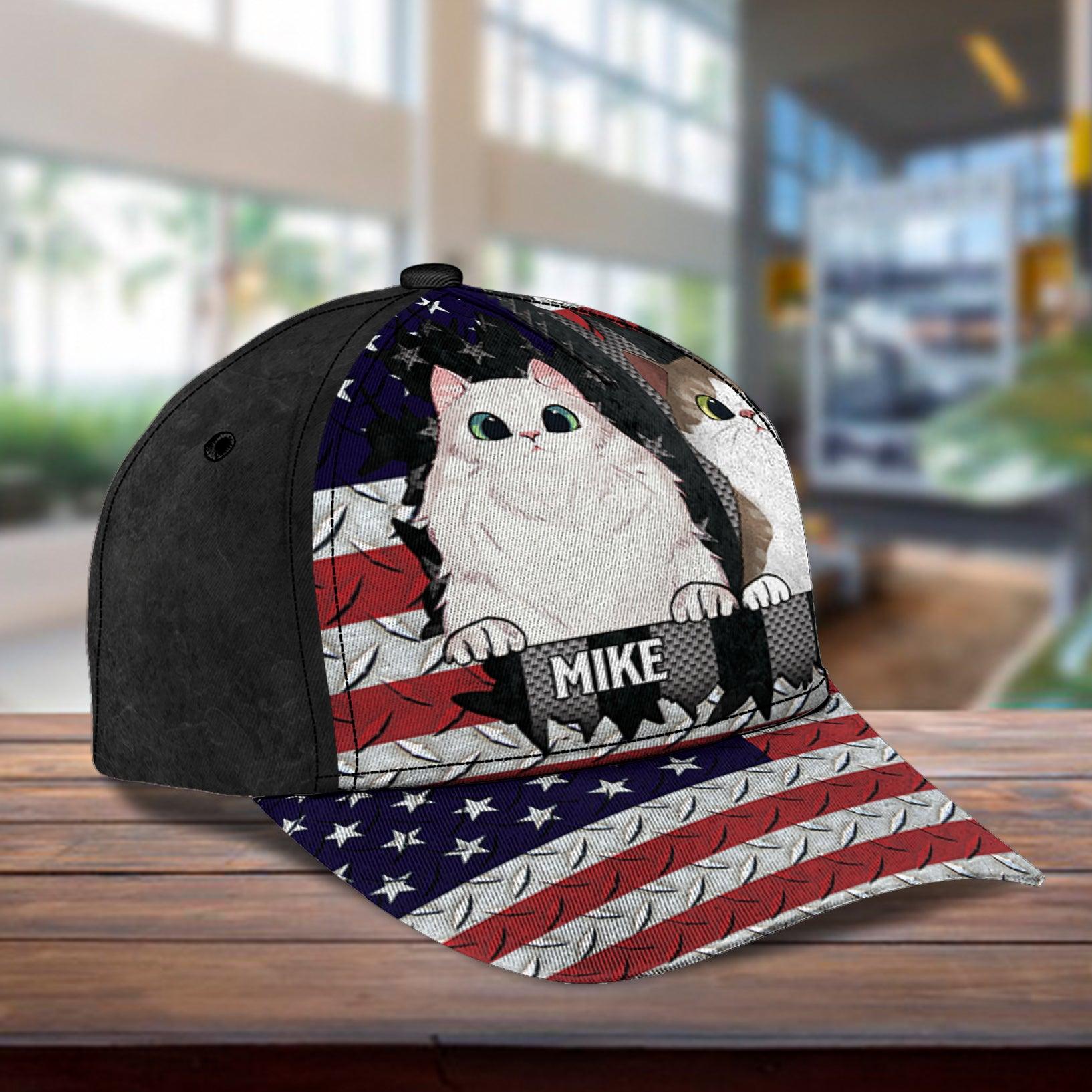 Happy 4th July Personalized Cat Classic Cap, Personalized Gift for Cat Lovers, Cat Mom, Cat Dad Trucker Hats Custom Hats Gifts For Men & Women