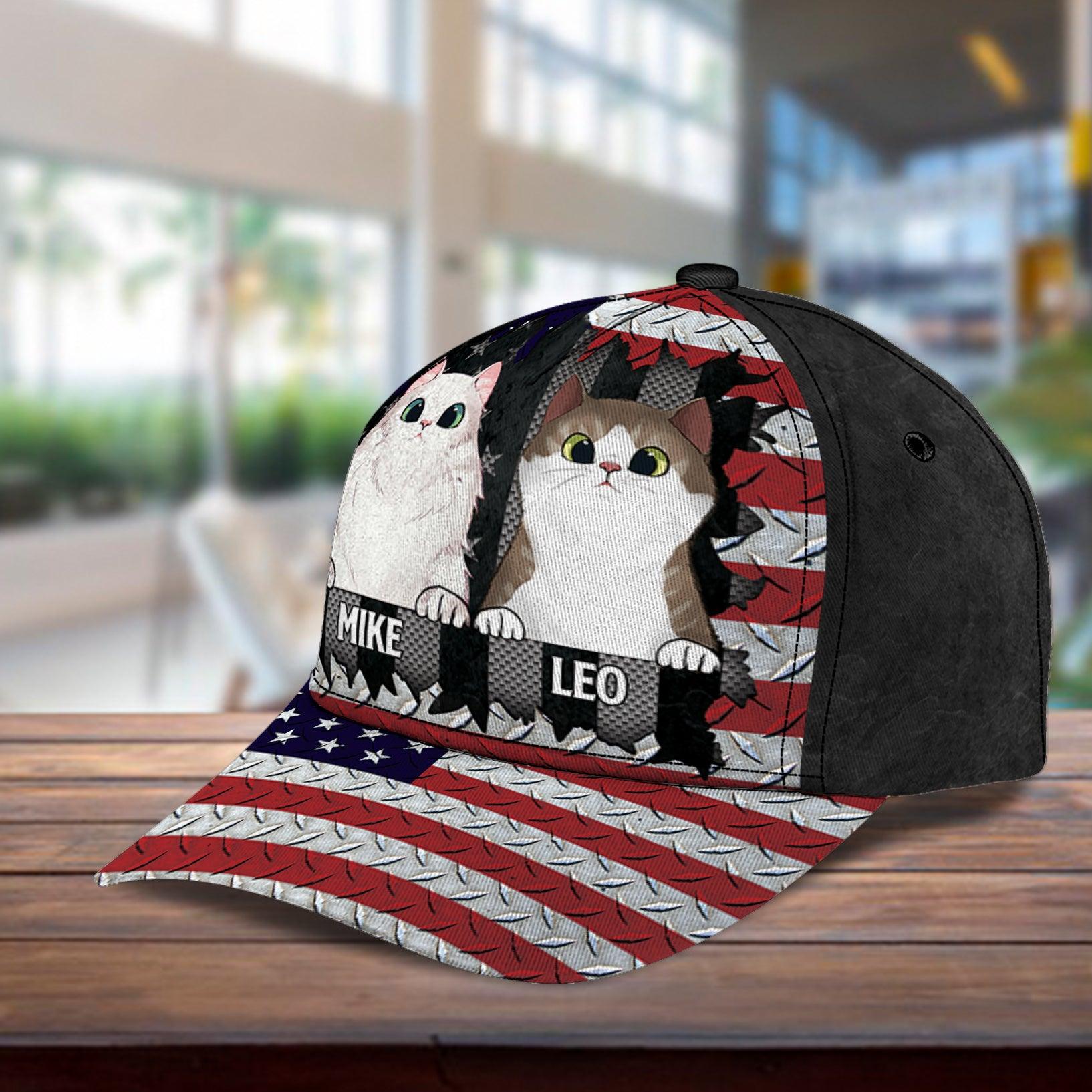 Happy 4th July Personalized Cat Classic Cap, Personalized Gift for Cat Lovers, Cat Mom, Cat Dad Trucker Hats Custom Hats Gifts For Men & Women