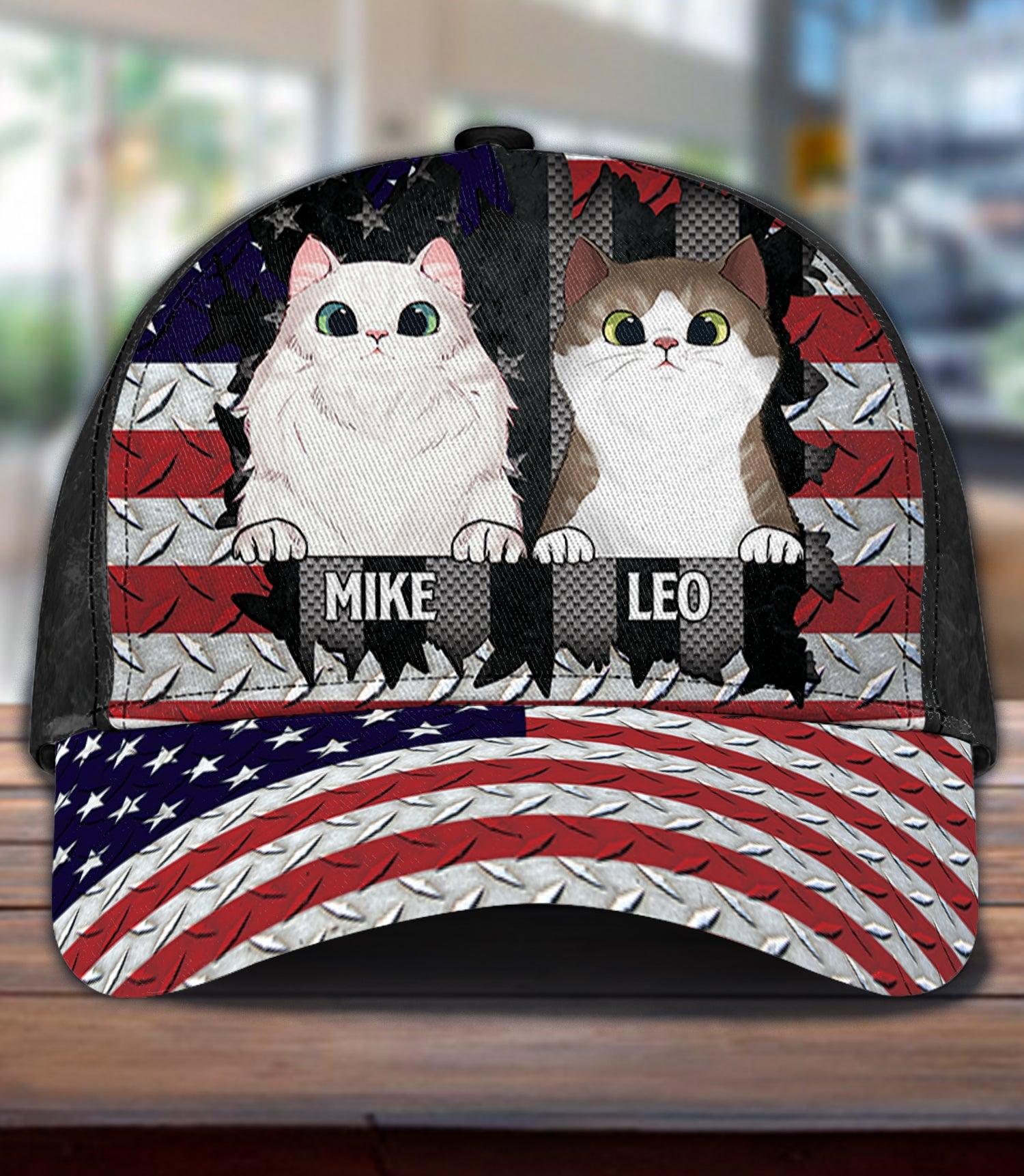 Happy 4th July Personalized Cat Classic Cap, Personalized Gift for Cat Lovers, Cat Mom, Cat Dad Trucker Hats Custom Hats Gifts For Men & Women