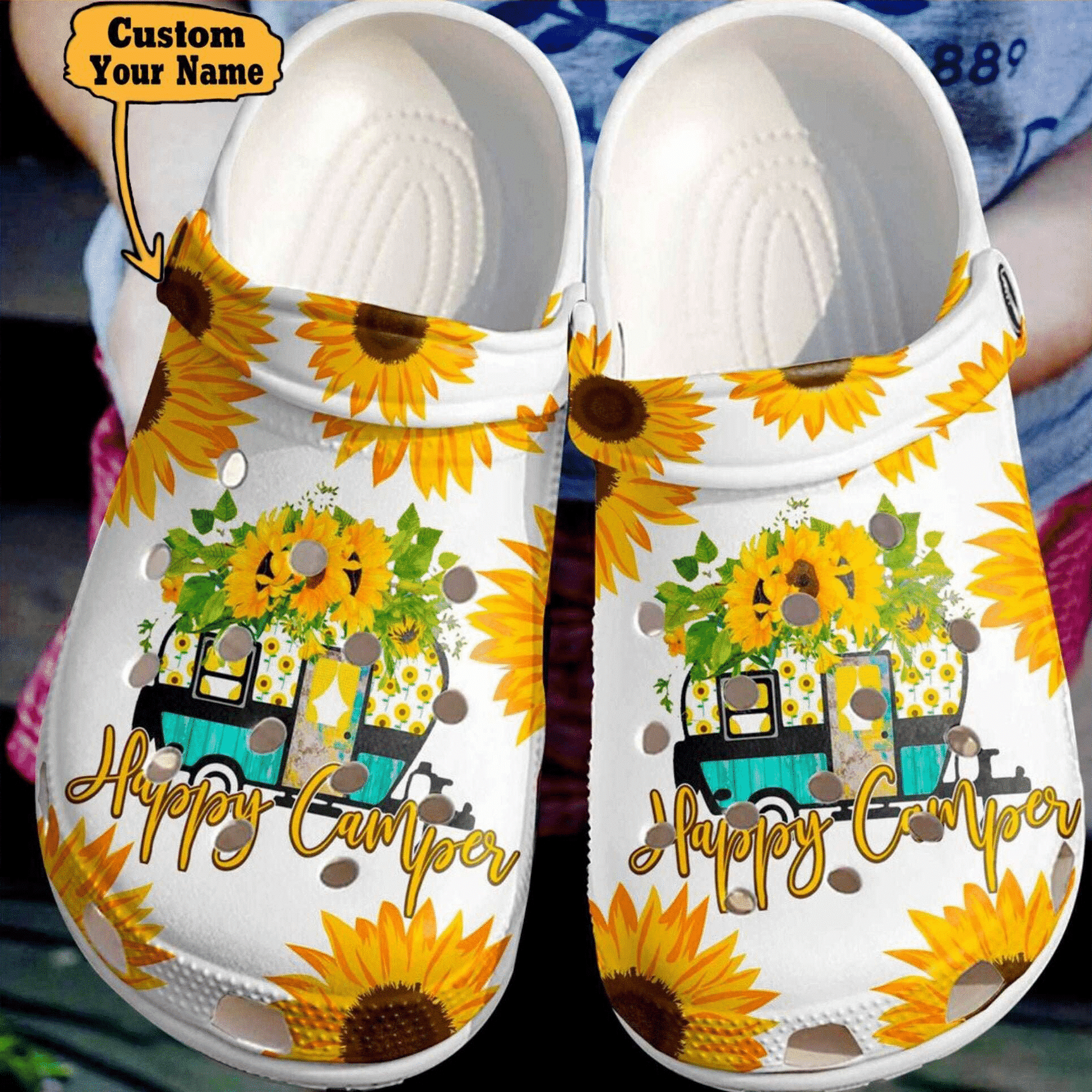 Happy Camper Sunflower clog Shoes Personalized Camping
