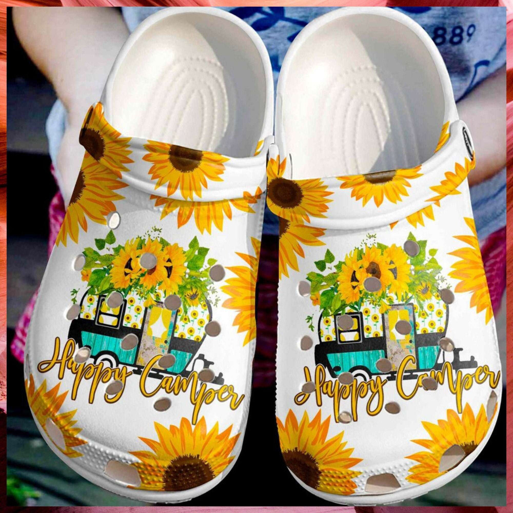 Happy Camper Sunflower Gift For Lover Rubber clog Shoes Comfy Footwear