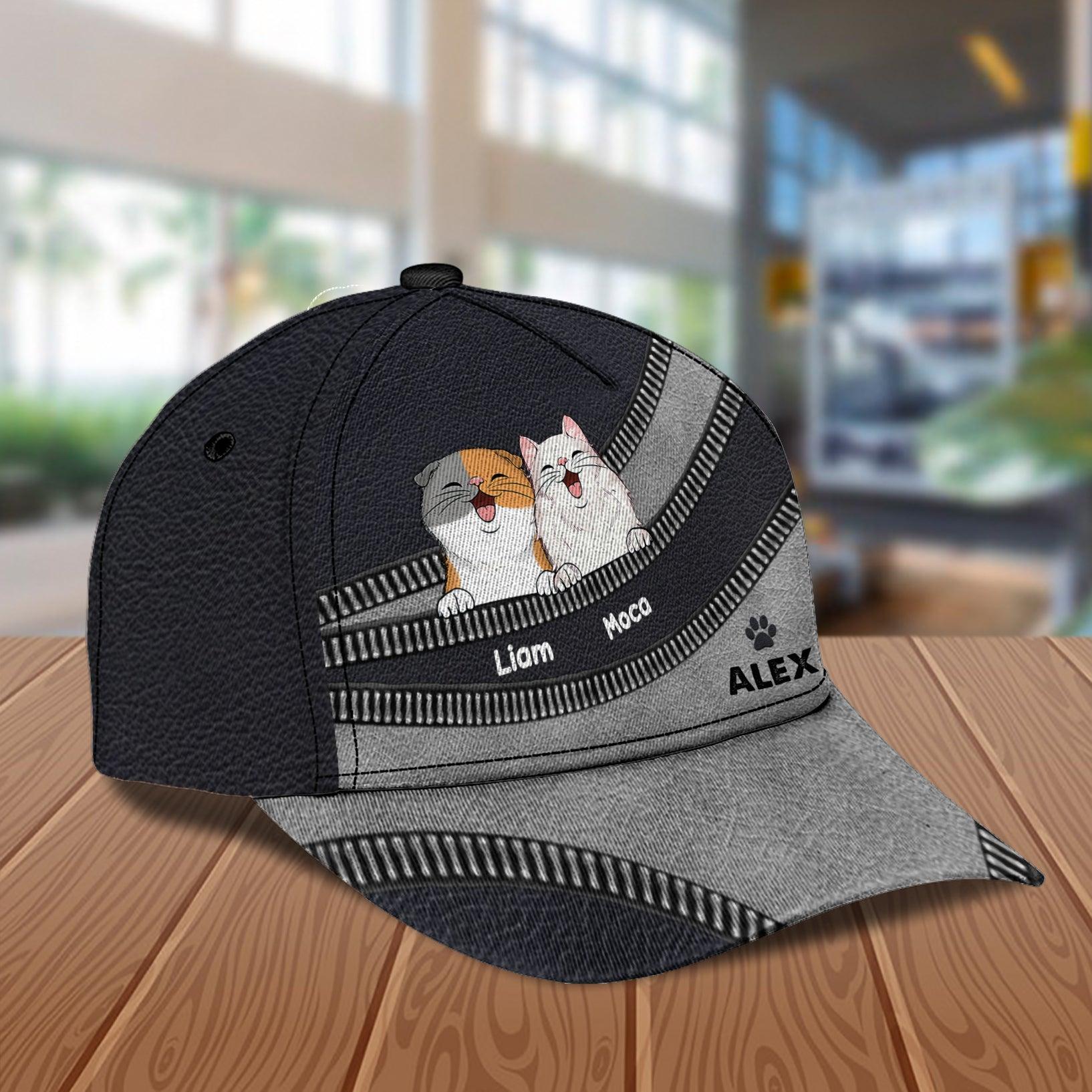 Happy Cat Black Grey Personalized Cap, Personalized Gift for Cat Lovers, Cat Mom, Cat Dad Trucker Hats Custom Hats Gifts For Men & Women