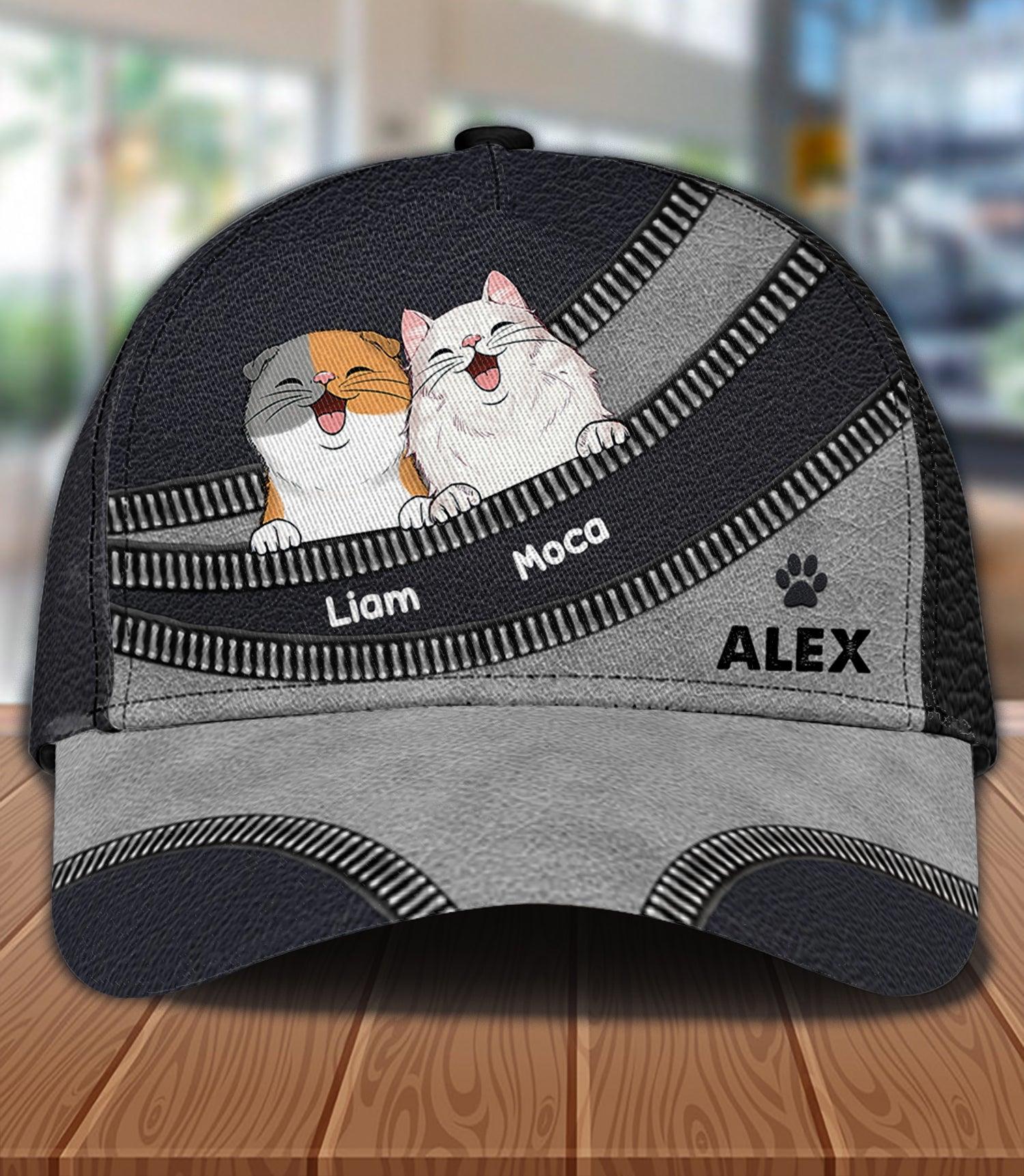 Happy Cat Black Grey Personalized Cap, Personalized Gift for Cat Lovers, Cat Mom, Cat Dad Trucker Hats Custom Hats Gifts For Men & Women