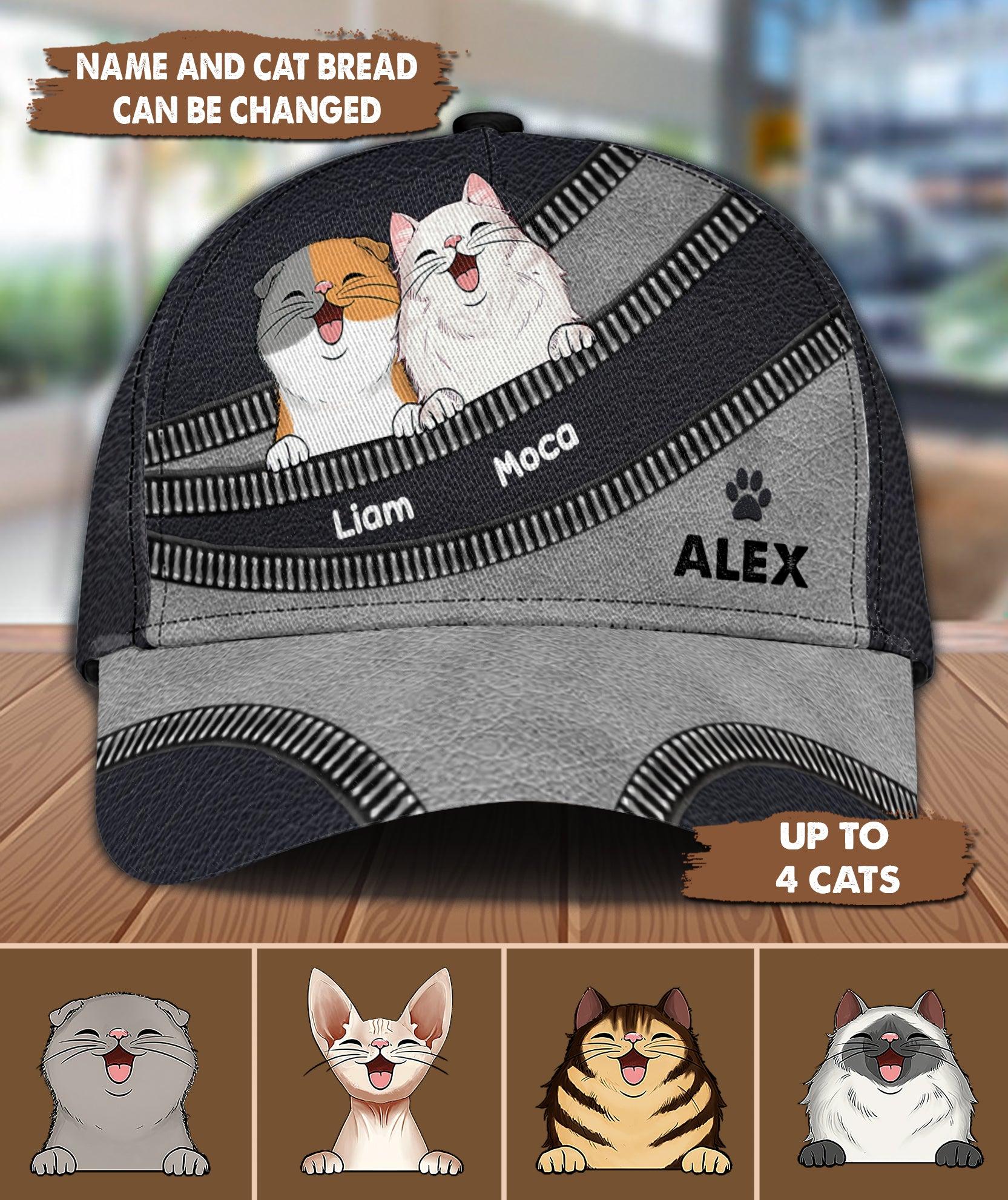 Happy Cat Black Grey Personalized Cap, Personalized Gift for Cat Lovers, Cat Mom, Cat Dad Trucker Hats Custom Hats Gifts For Men & Women