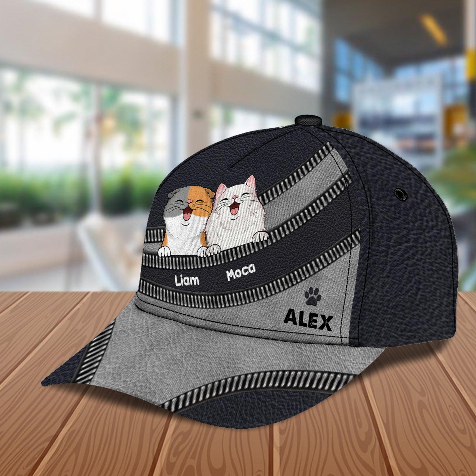 Happy Cat Black Grey Personalized Cap, Personalized Gift for Cat Lovers, Cat Mom, Cat Dad Trucker Hats Custom Hats Gifts For Men & Women