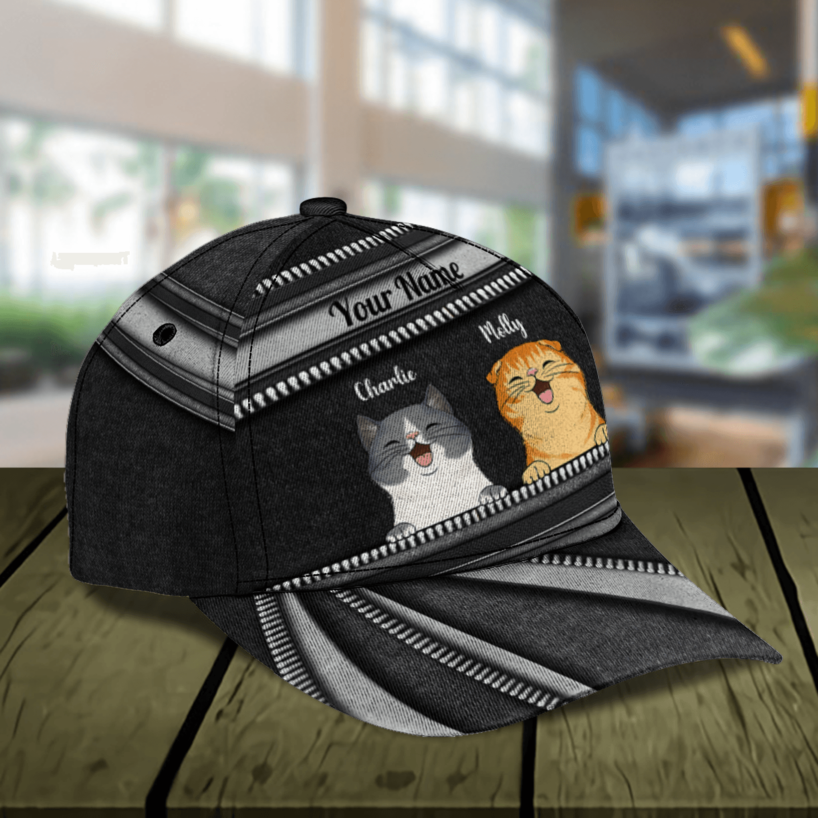 Happy Cat Black Zipper Layers Personalized Cap, Personalized Gift for Cat Lovers, Cat Mom, Cat Dad Trucker Hats Custom Hats Gifts For Men & Women