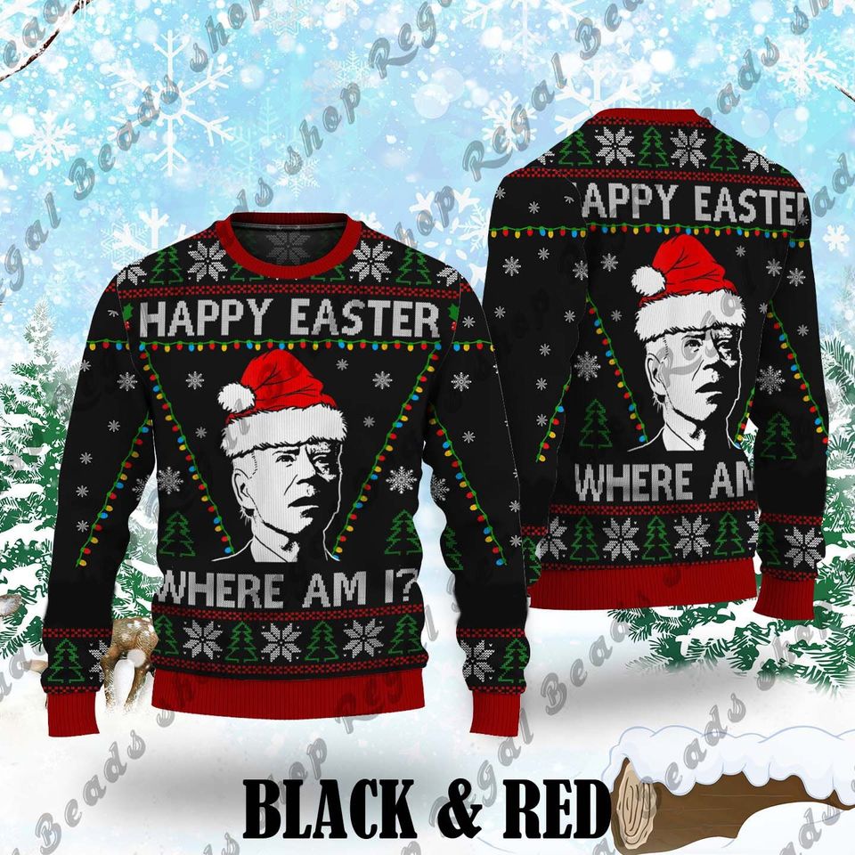 Happy Easter Funny Confused Joe Biden Ugly Christmas Sweater, Biden President Santa