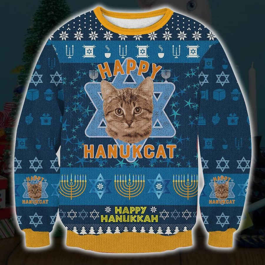 Happy Hanukcat Ugly Christmas Sweater Adult 3D Funny Matching for family