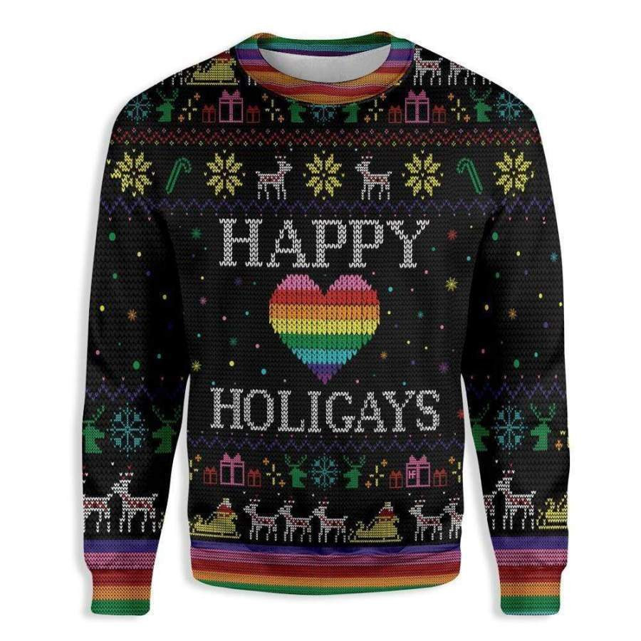 Happy Holigays LGBT Ugly Christmas Sweater Adult 3D Funny Matching for family