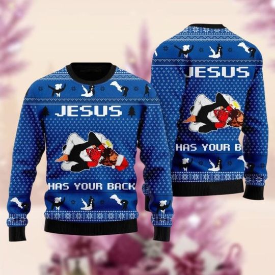 Happy Jesus Ugly Christmas Sweater, Jeus Has Your Back Jiu Jitsu Xmas Ugly Sweatshirt - Image 6
