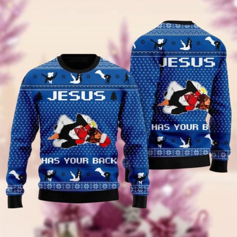 Happy Jesus Ugly Christmas Sweater, Jeus Has Your Back Jiu Jitsu Xmas Ugly Sweatshirt