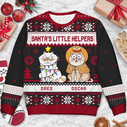 Happy Pawlidays Funny Cartoon Cats Dogs Christmas Personalized Unisex Ugly Sweatshirt - Image 6