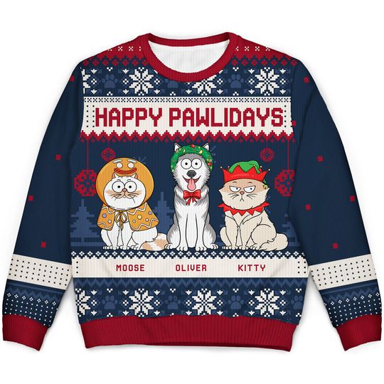 Happy Pawlidays Funny Cartoon Cats Dogs Christmas Personalized Unisex Ugly Sweatshirt - Image 4