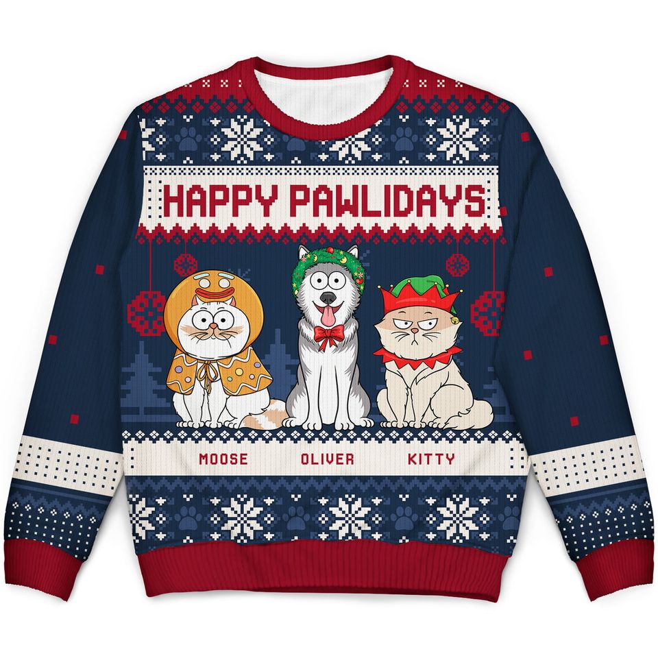 Happy Pawlidays Funny Cartoon Cats Dogs Christmas Personalized Unisex Ugly Sweatshirt