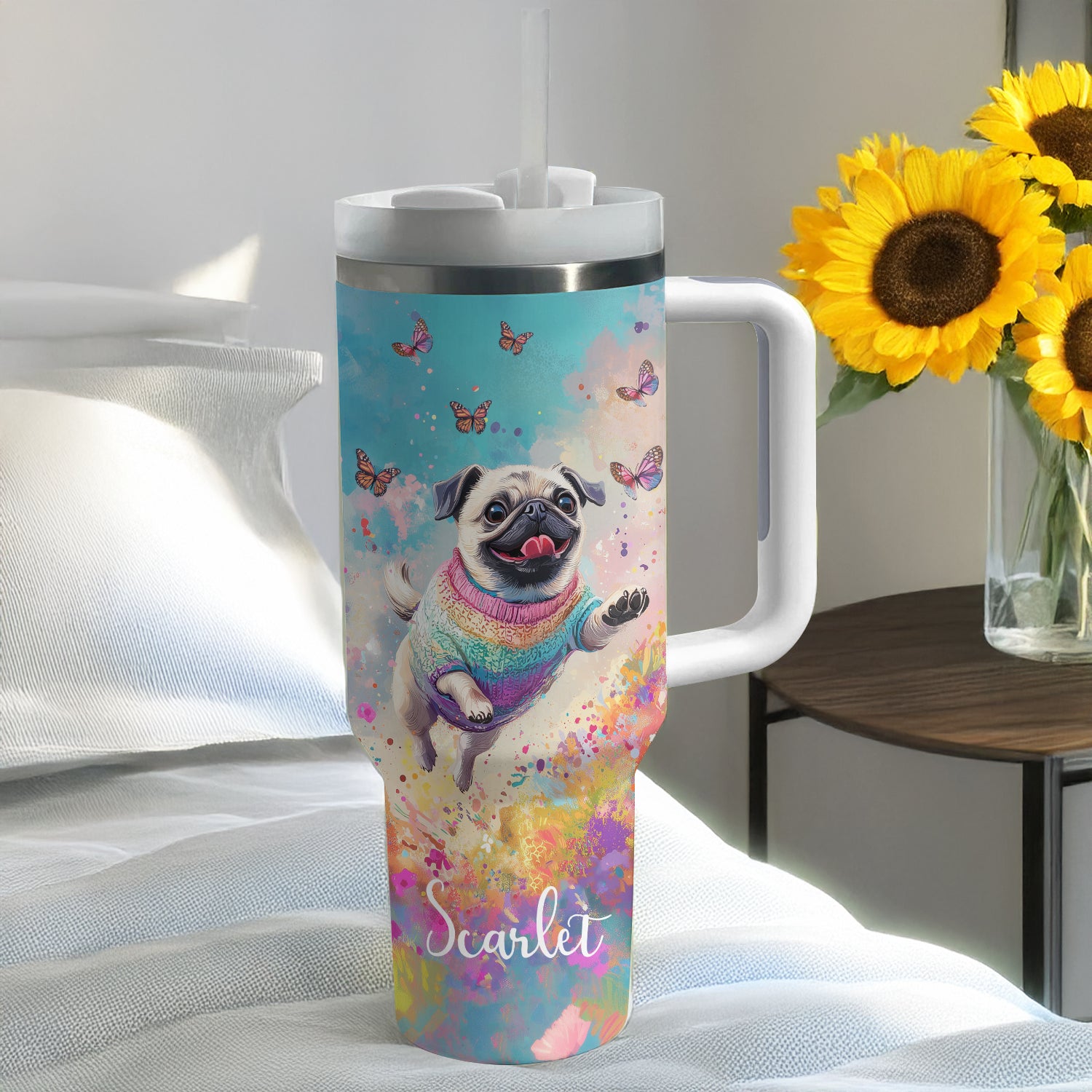 Happy Pug Dog with Butterflies Custom Stanley Cup 40 oz 30 oz Tumbler With HandleTVC2301292 - Image 4