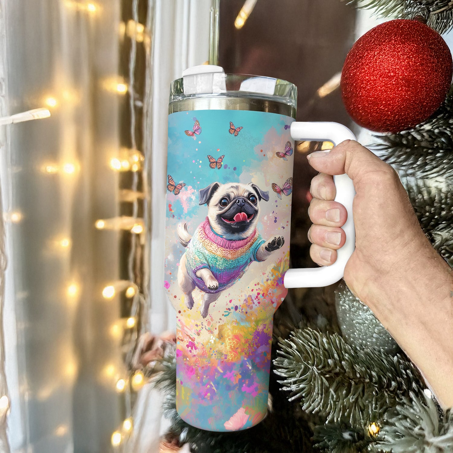Happy Pug Dog with Butterflies Custom Stanley Cup 40 oz 30 oz Tumbler With HandleTVC2301292 - Image 3