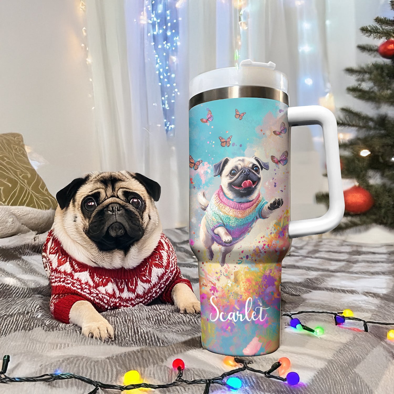 Happy Pug Dog with Butterflies Custom Stanley Cup 40 oz 30 oz Tumbler With HandleTVC2301292 - Image 2