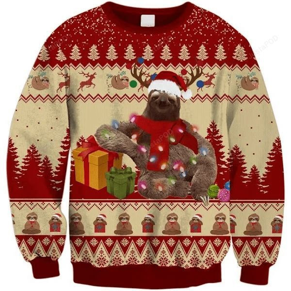 Happy Sloth With Christmas Gift Ugly Christmas Sweater Adult 3D Funny Matching for family