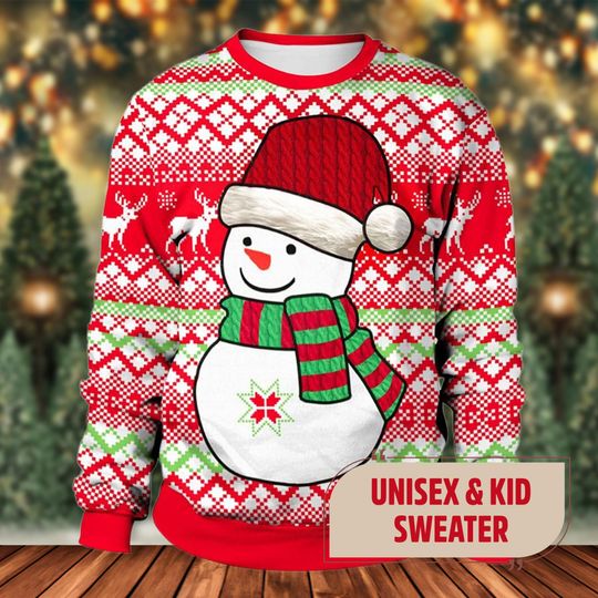 Happy Snowman Santa Hat Ugly Christmas Sweater, Happy Snowman Xmas Ugly Sweatshirt - Image 8