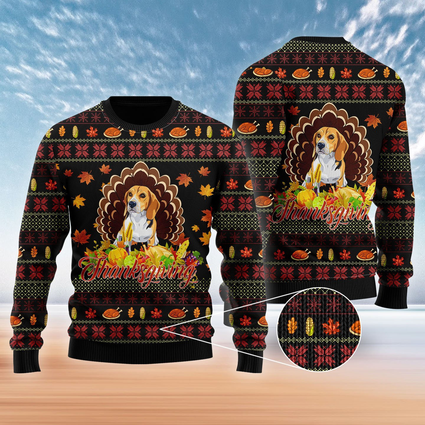 Happy Thanksgiving Funny Beagle Dog Ugly Christmas Sweater Adult 3D Funny Matching for family