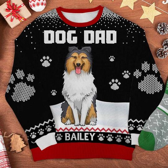 Happy Woofmas To The Best Dog Dad Father Xmas Gift Custom Personalized Unisex Wool Ugly Christmas Sweatshirt - Image 6