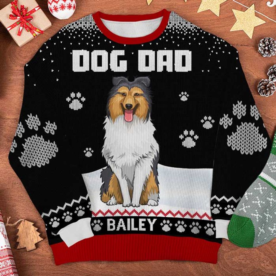 Happy Woofmas To The Best Dog Dad Father Xmas Gift Custom Personalized Unisex Wool Ugly Christmas Sweatshirt - Image 3