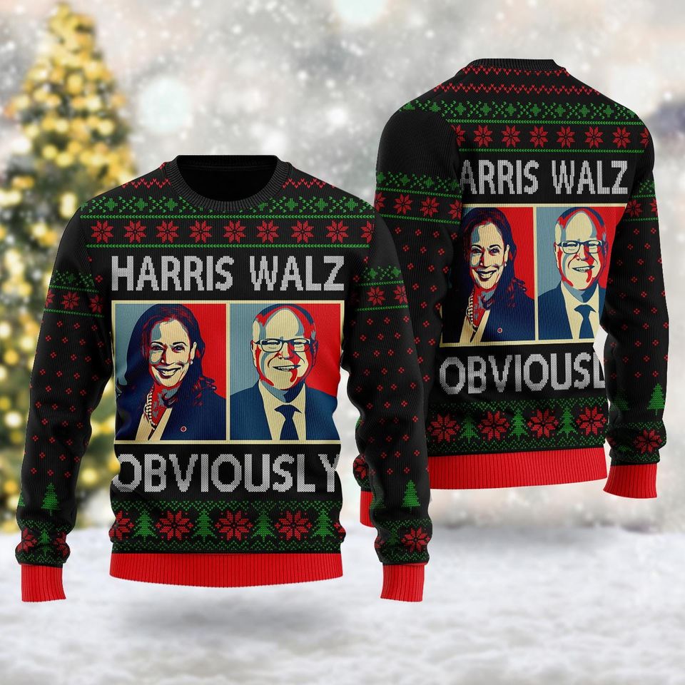 Harris Walz 2024 Obviously Ugly Christmas Sweater, Kamala Harris gift