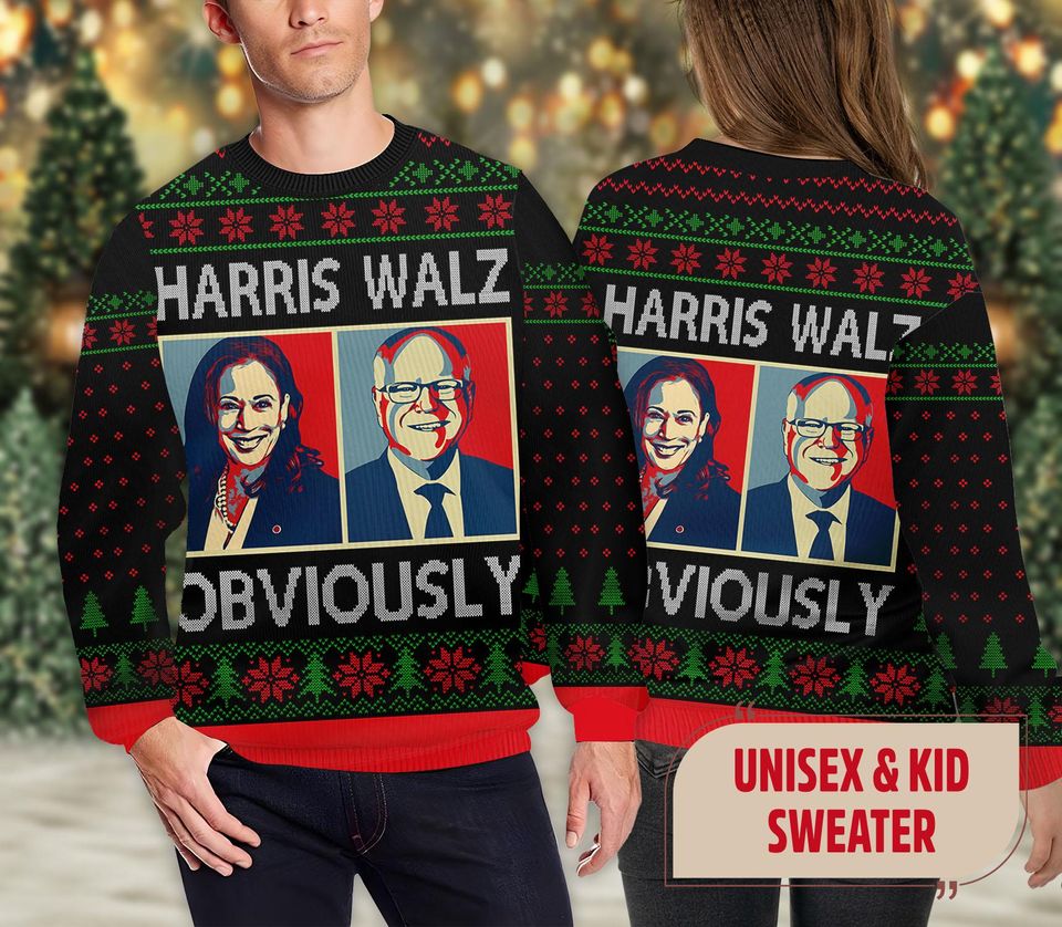 Harris Walz 2024 Obviously Ugly Christmas Sweater, Kamala Harris gift
