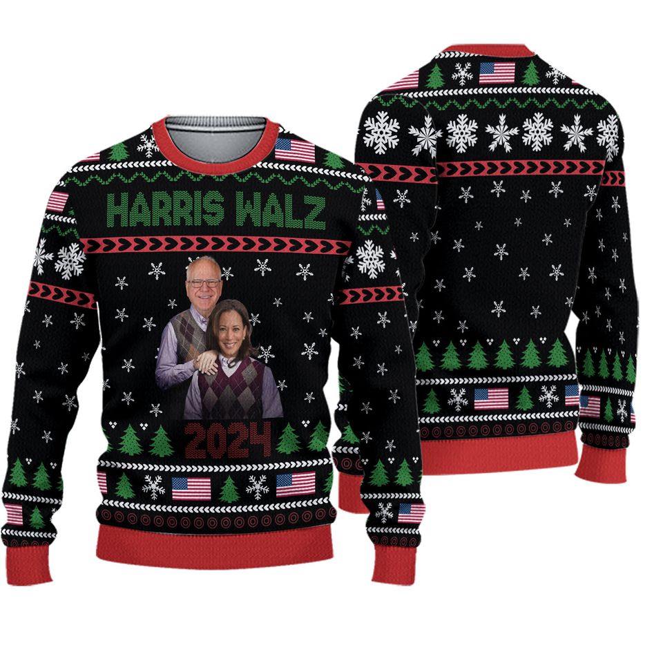 Harris Walz 2024 Ugly Christmas Sweater, Kamala Harris And Tim Walz Christmas