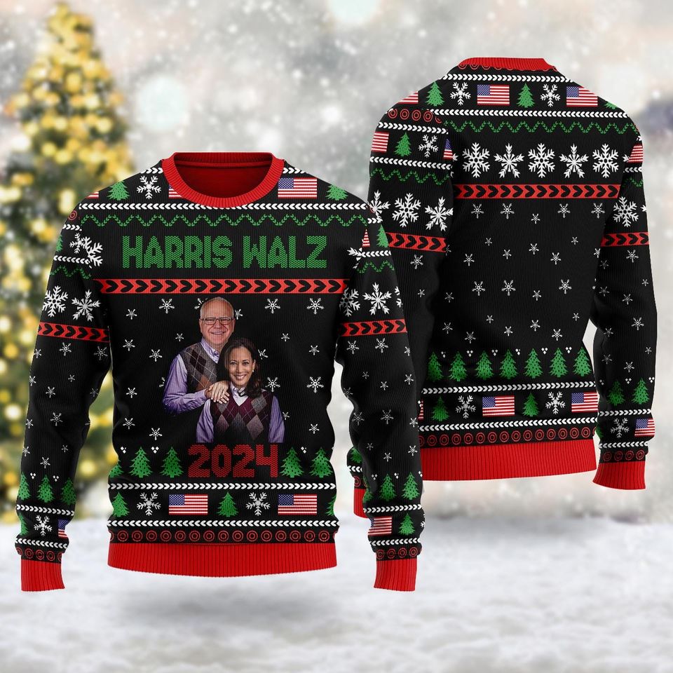 Harris Walz 2024 Ugly Christmas Sweater, Kamala Harris And Tim Walz Christmas Sweater