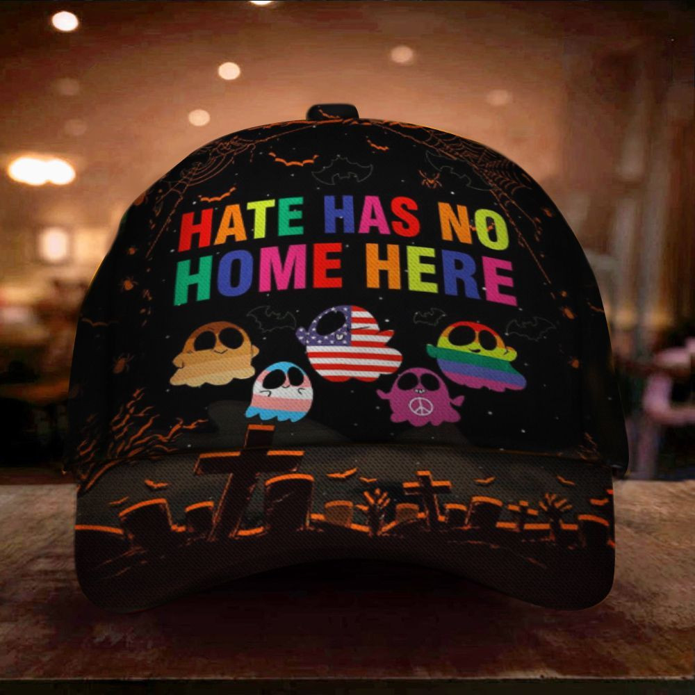 Hate Has No Home Here Halloween Baseball Cap Ghost Cute Halloween Merch Gift For Adults Trucker Hats Custom Hats Gifts For Men & Women