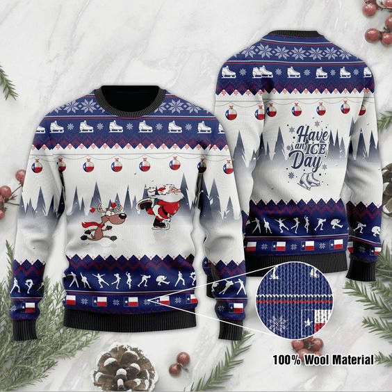 Have An Ice Day Santa Claus And Reindeer Speed Skating  Ugly Christmas Sweater Adult 3D Funny Matching for family