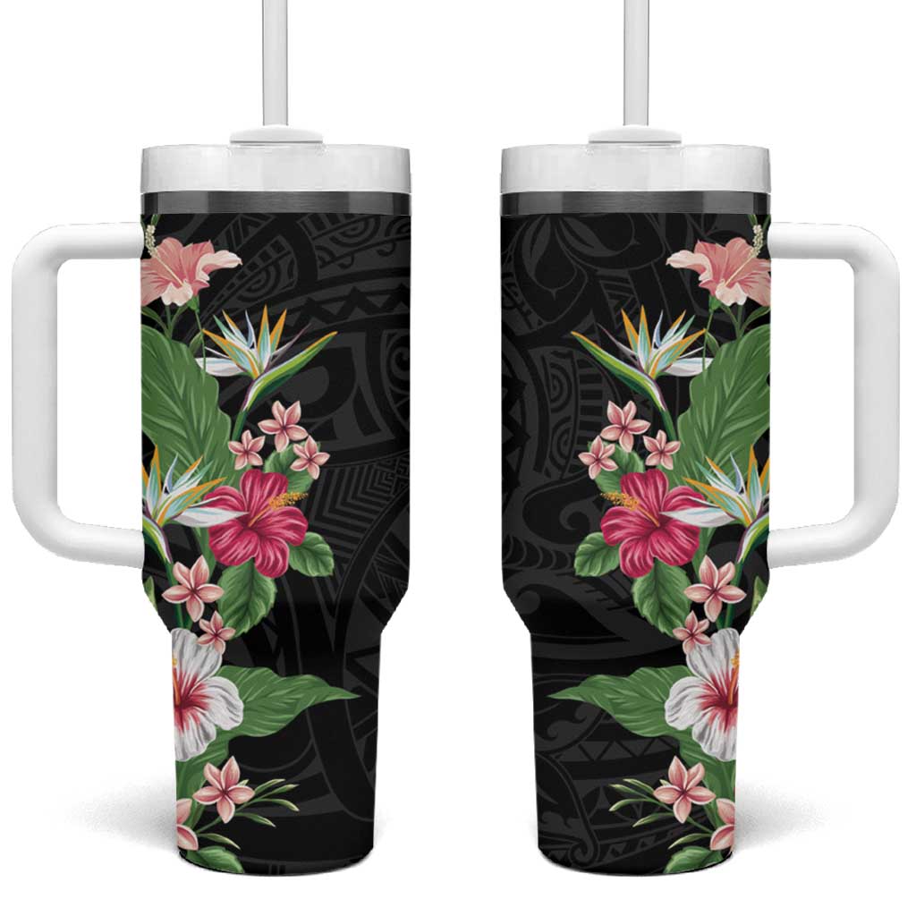 Hawaii Tropical Flowers Polynesian Tattoo Black Custom Stanley Cup 40 oz 30 oz Tumbler With HandleTVC2301383