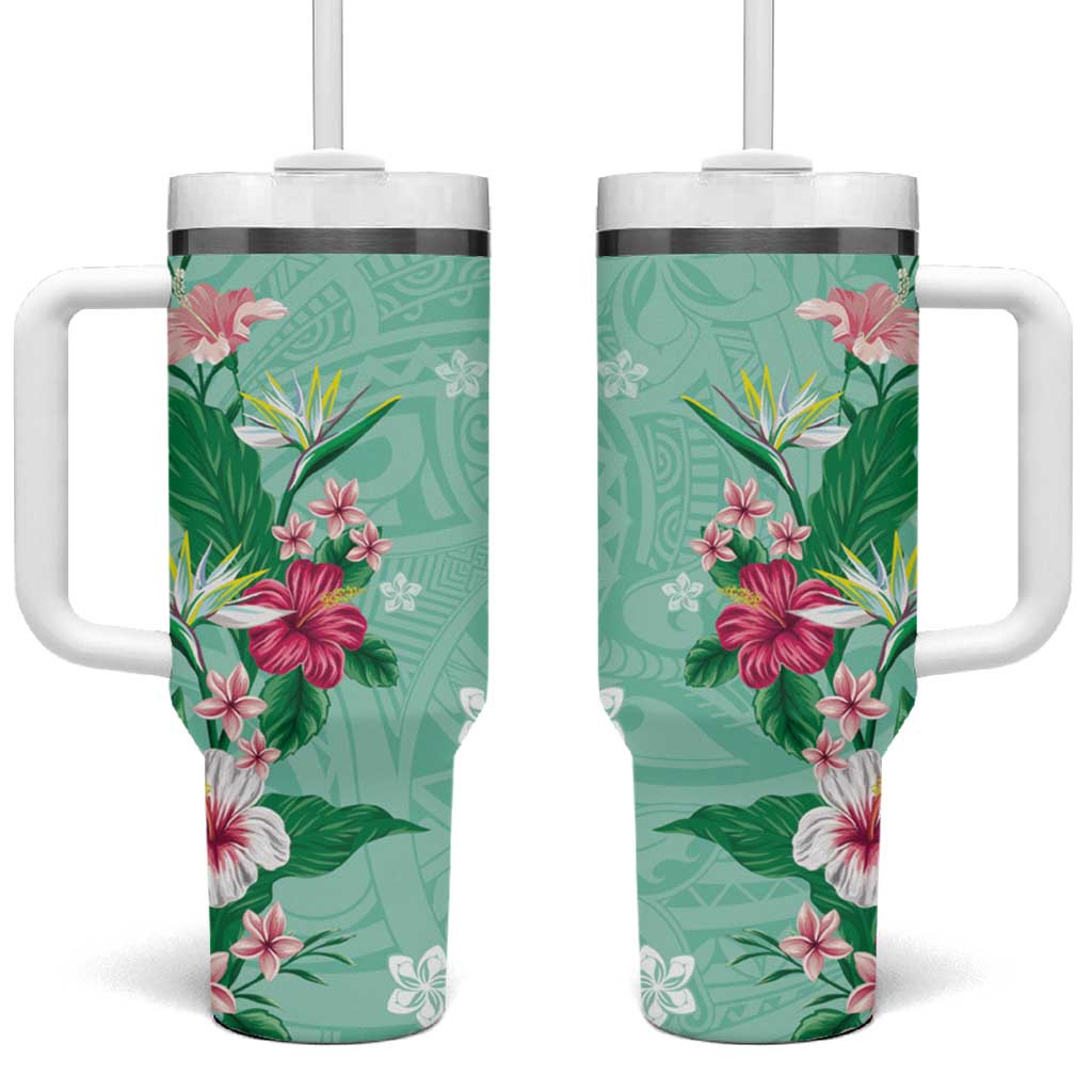 Hawaii Tropical Flowers Polynesian Tattoo Mint Green Custom Stanley Cup 40 oz 30 oz Tumbler With HandleTVC2301362