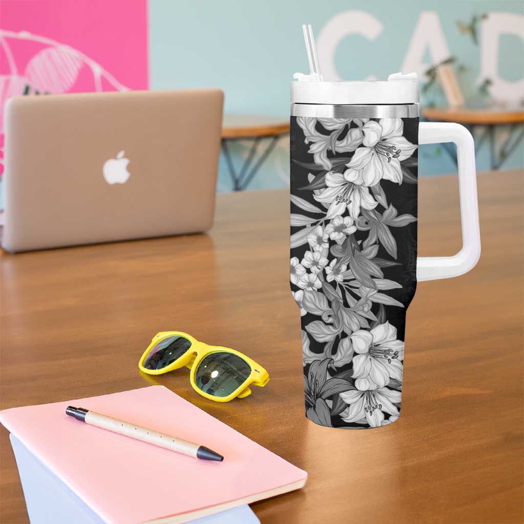 Hawaii Tropical Leaves and Flowers Tribal Polynesian Black White Custom Stanley Cup 40 oz 30 oz Tumbler With HandleTVC2301346 - Image 5