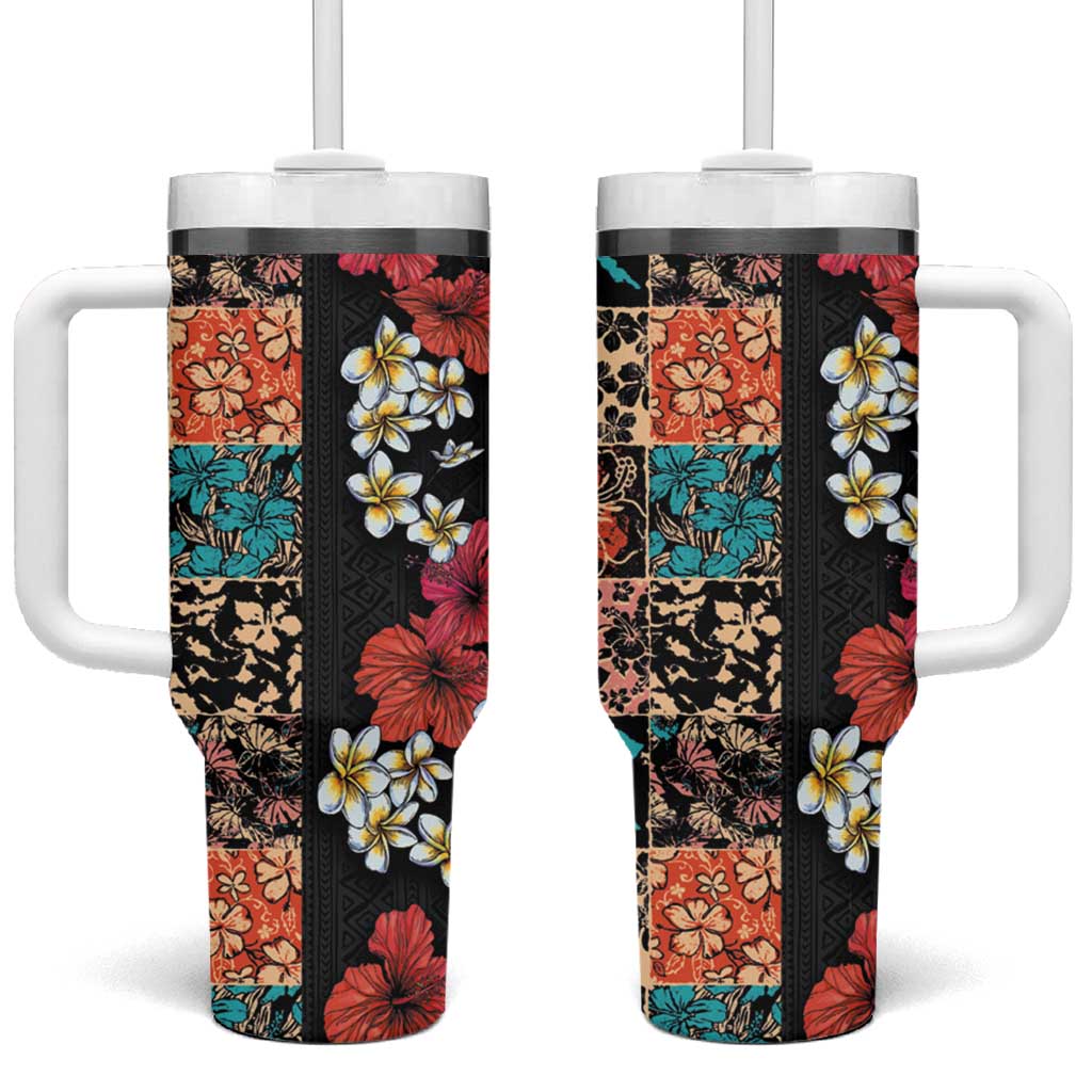 Hawaiian Hibiscus and Tropical Leaves Patchwork Grunge Abstract Vintage Custom Stanley Cup 40 oz 30 oz Tumbler With HandleTVC2301349