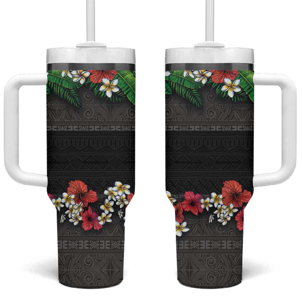 Hawaiian Tropical Flowers and Tribal Polynesian Tattoo Black Color Custom Stanley Cup 40 oz 30 oz Tumbler With HandleTVC2301349