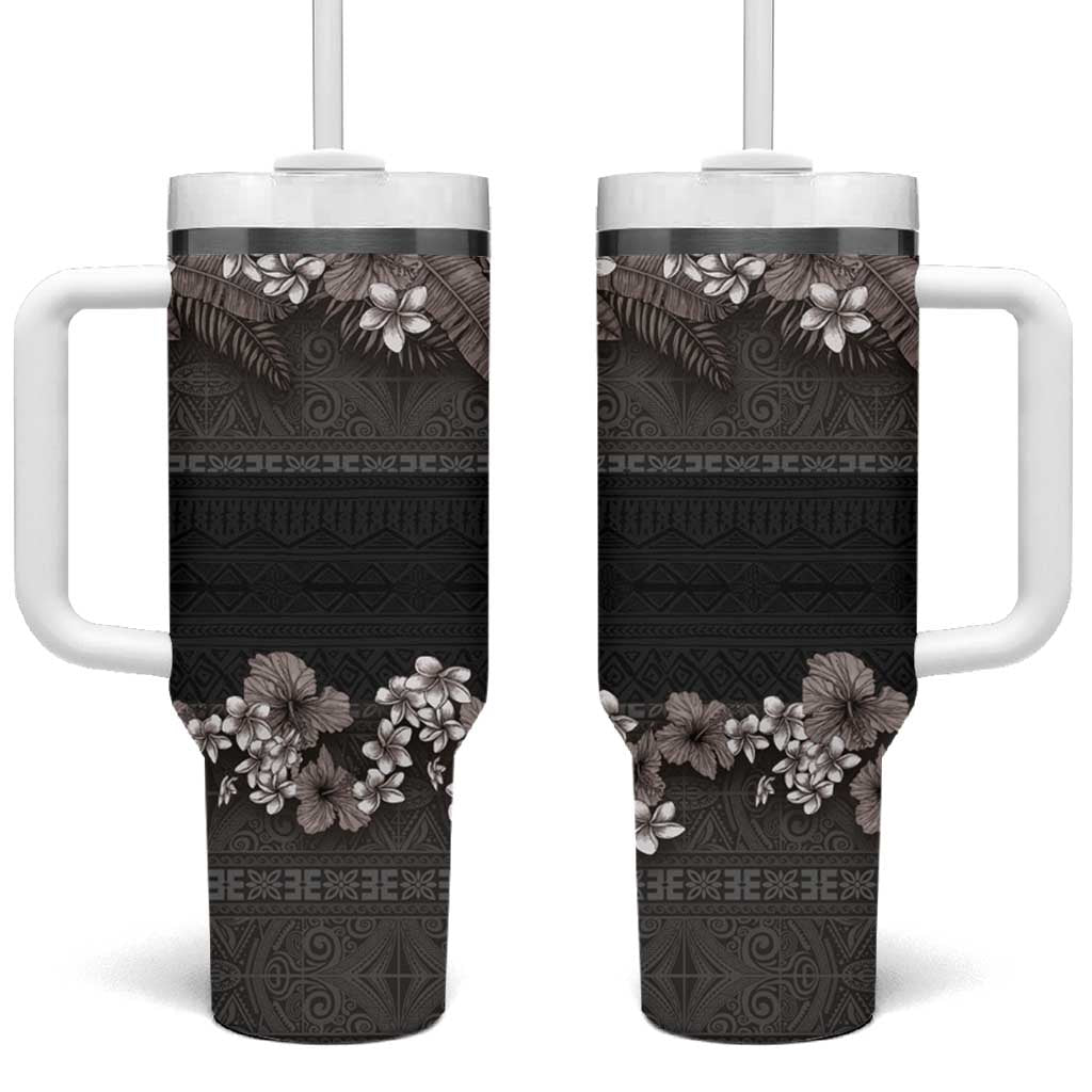 Hawaiian Tropical Flowers and Tribal Polynesian Tattoo Grayscale Mode Custom Stanley Cup 40 oz 30 oz Tumbler With HandleTVC2301373